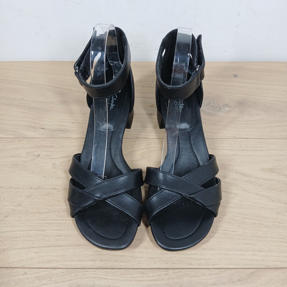 Clarks Sandals Women 9 Black Leather Ankle Strap Block Heel Dress Shoes - Picture 7 of 11